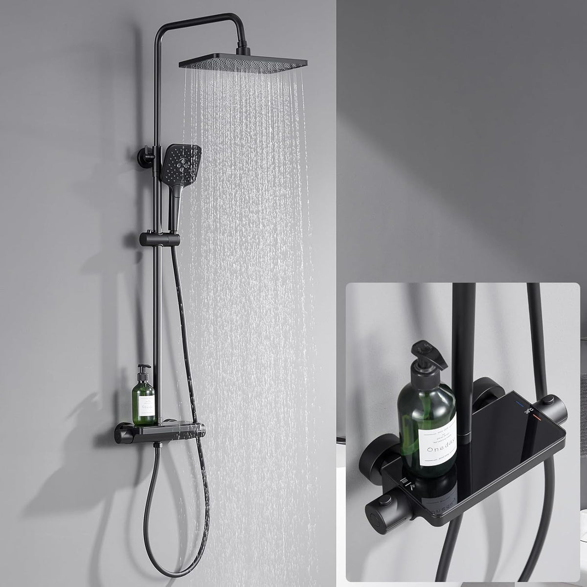 Douchekolom – Thermostaatkraan – Regendouche – Handdouche – Douchepaneel – Thermostatische Mixer – Groot Regendouche Hoofd 30x19 cm – Verstelbare Douchekolom 88-124 cm