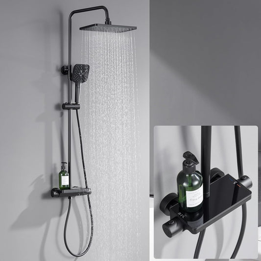 Douchekolom – Thermostaatkraan – Regendouche – Handdouche – Douchepaneel – Thermostatische Mixer – Groot Regendouche Hoofd 30x19 cm – Verstelbare Douchekolom 88-124 cm