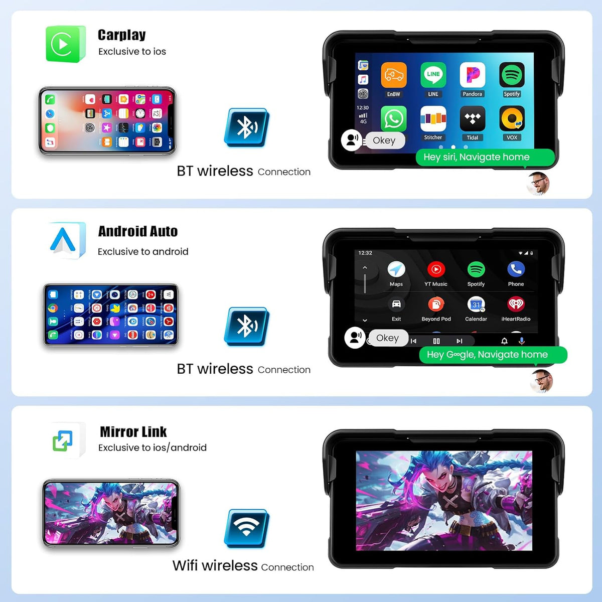 Draagbaar CarPlay GPS-scherm voor motorfietsen met draadloze CarPlay Android Auto, 5 inch navigatie voor motorfietsen, waterdicht IP68 met Bluetooth Siri TF-poort + bandenspanningsdetectie