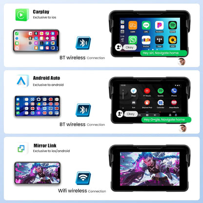 Draagbaar CarPlay GPS-scherm voor motorfietsen met draadloze CarPlay Android Auto, 5 inch navigatie voor motorfietsen, waterdicht IP68 met Bluetooth Siri TF-poort + bandenspanningsdetectie