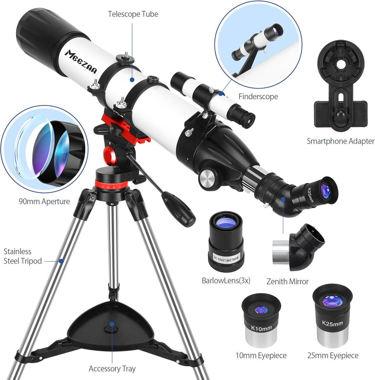 Telescoop, astronomie, volwassenen, professioneel, 90 mm diafragma 800 mm, AZ-standaard, astronomische refractortelescoop voor kinderen, beginners, voor het bekijken van maan en planeten