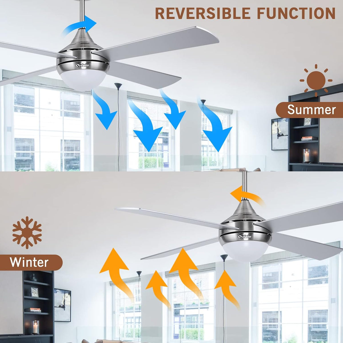 Ovlaim 122cm Moderne plafondventilator met LED-verlichting (3 kleuren) en afstandsbediening (6 snelheden), energiezuinige DC-motor superstil, geschikt voor zomer & winter (ventilatie-effect) - Zilver