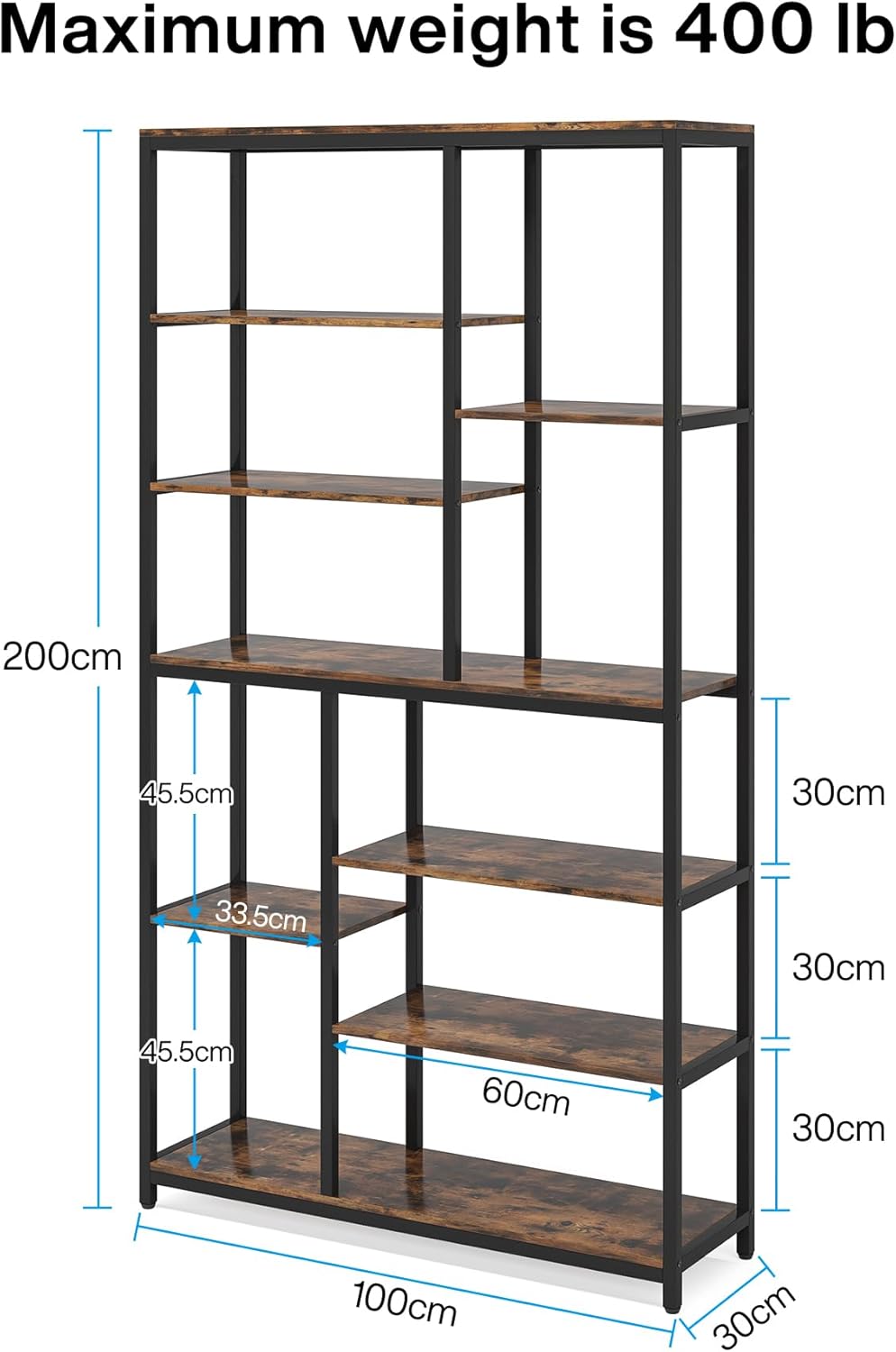 Tribesigns Bookcase Set of 2 Standing Shelves with 8 Levels, 9 Shelves, Modern Freestanding Open Bookcase, for Living Room, Office, Bedroom, 30 x 100 x 200 cm, Rustic Brown