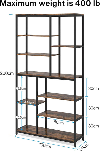 Tribesigns Bookcase Set of 2 Standing Shelves with 8 Levels, 9 Shelves, Modern Freestanding Open Bookcase, for Living Room, Office, Bedroom, 30 x 100 x 200 cm, Rustic Brown