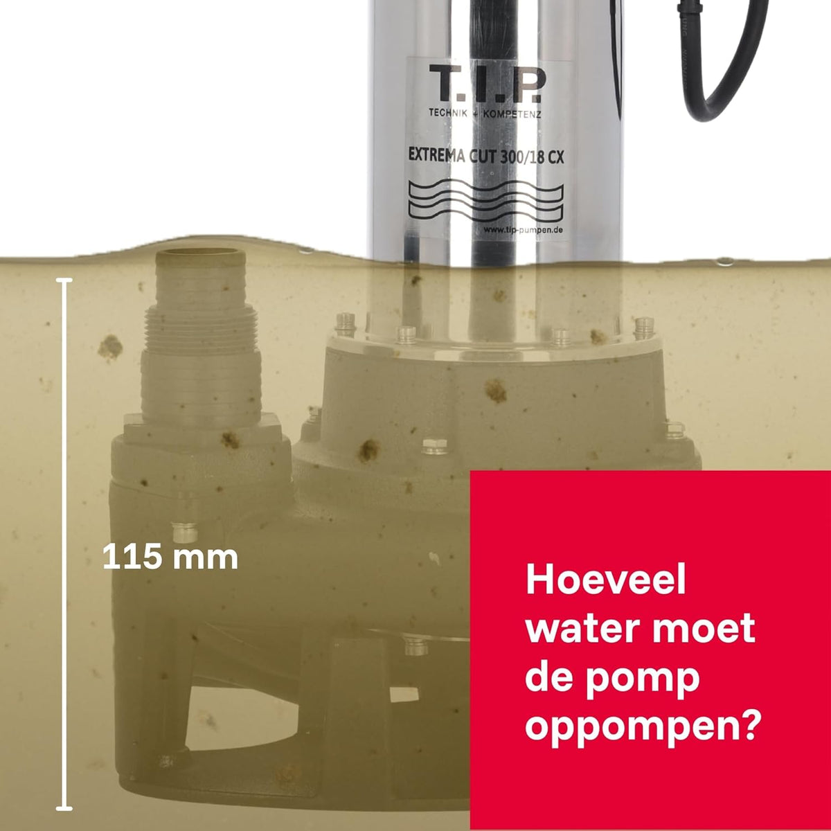 T.I.P. Extrema CUT 300/18 CX 30277 Vuilwaterpomp, met Reamer Grinding versnijdingspomp, debiet van 18.000 l/u, gietijzeren pompbehuizing, vloeistoffen tot 50 °C, ca. 4 min. tot 90 °C mogelijk