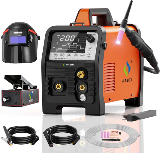 HITBOX TIG Lasapparaat 200A, 230V 6-in-1 met HF-start, MMA/TIG/Puls/TIG-reiniging/Puntlassen / 2T / 4T, voetpedaal en lashelm (TIG200PRO)