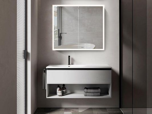 Talos Silver Magnus Led-spiegelkast, 80 x 70 x 13 cm, badkamerdesign spiegelkast met rondom ledverlichting, neutraal witte lichtkleur aluminium, mat zilver, dubbelzijdig gespiegeld, 2 glazen planken