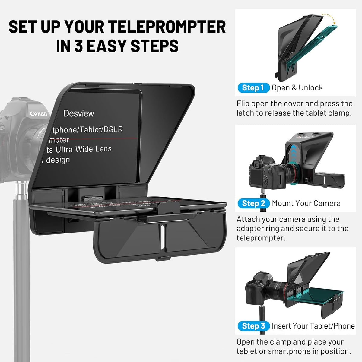 Teleprompter – Autocue – Camera Teleprompter – Video Teleprompter – Promptscherm – Tot 11 Inch – Bluetooth Afstandsbediening – HD Gecoat Anti Reflectieglas