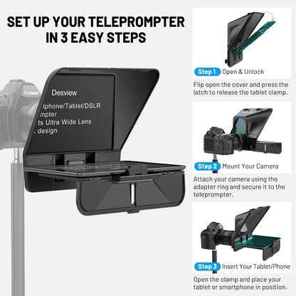 Teleprompter – Autocue – Camera Teleprompter – Video Teleprompter – Promptscherm – Tot 11 Inch – Bluetooth Afstandsbediening – HD Gecoat Anti Reflectieglas
