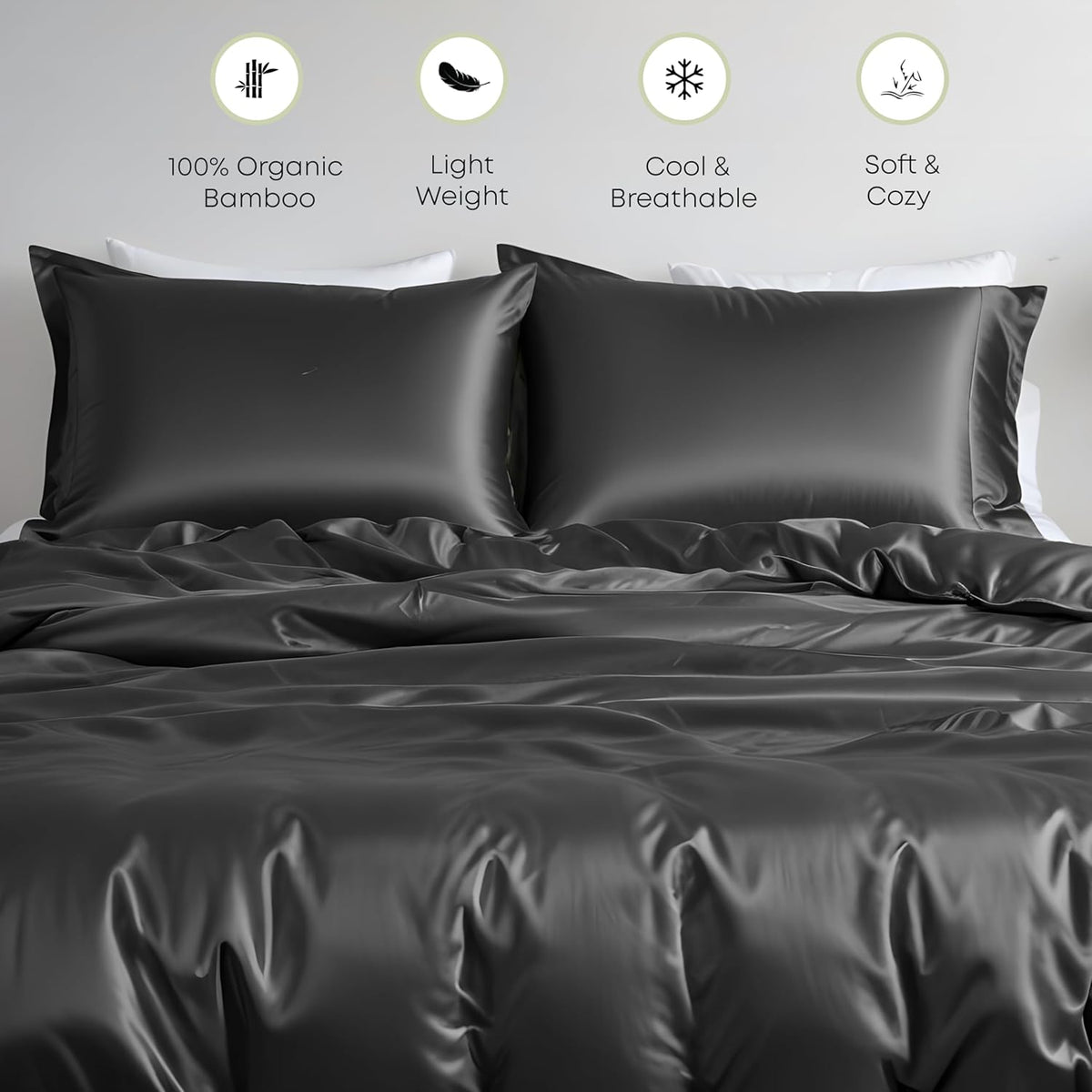 Linenwalas Beddengoedset van 100% bamboe, 4-delige set, zeer zacht, koel, perfect voor huisverzorging, 1 dekbedovertrek, 1 hoeslaken en 2 kussenslopen, kingsize, houtskoolgrijs