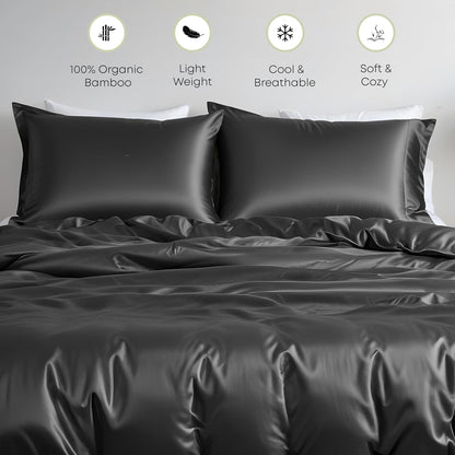 Linenwalas Beddengoedset van 100% bamboe, 4-delige set, zeer zacht, koel, perfect voor huisverzorging, 1 dekbedovertrek, 1 hoeslaken en 2 kussenslopen, kingsize, houtskoolgrijs