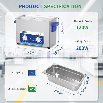 DK SONIC Ultrasoon Reiniger 4L 120W | Juweel & Bril Reiniger Met Mechanische Timer & Verwarming | Inclusief Mandje Voor Munten & Kleine Accessoires