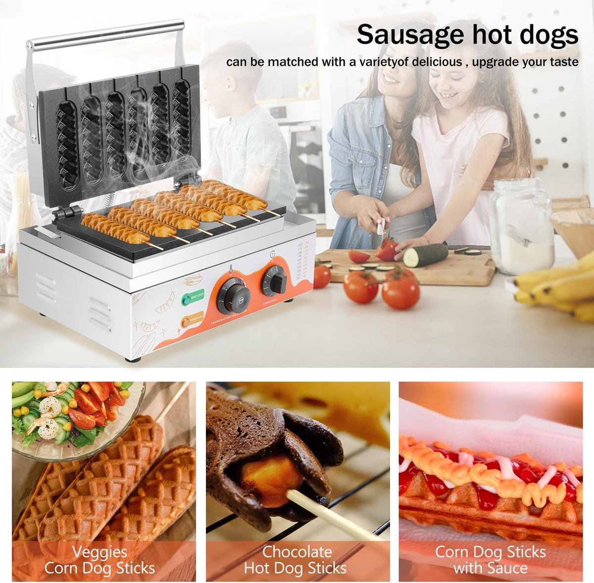Moongiantgo Máquina Comercial Corn Dog - 6 eenheden 1550 W esdoorn niet oxidabel, temperatuur instelbaar 50-300 °C, temperatuur instelbaar 5 minuten, temperatuur instelbaar van 5 minuten