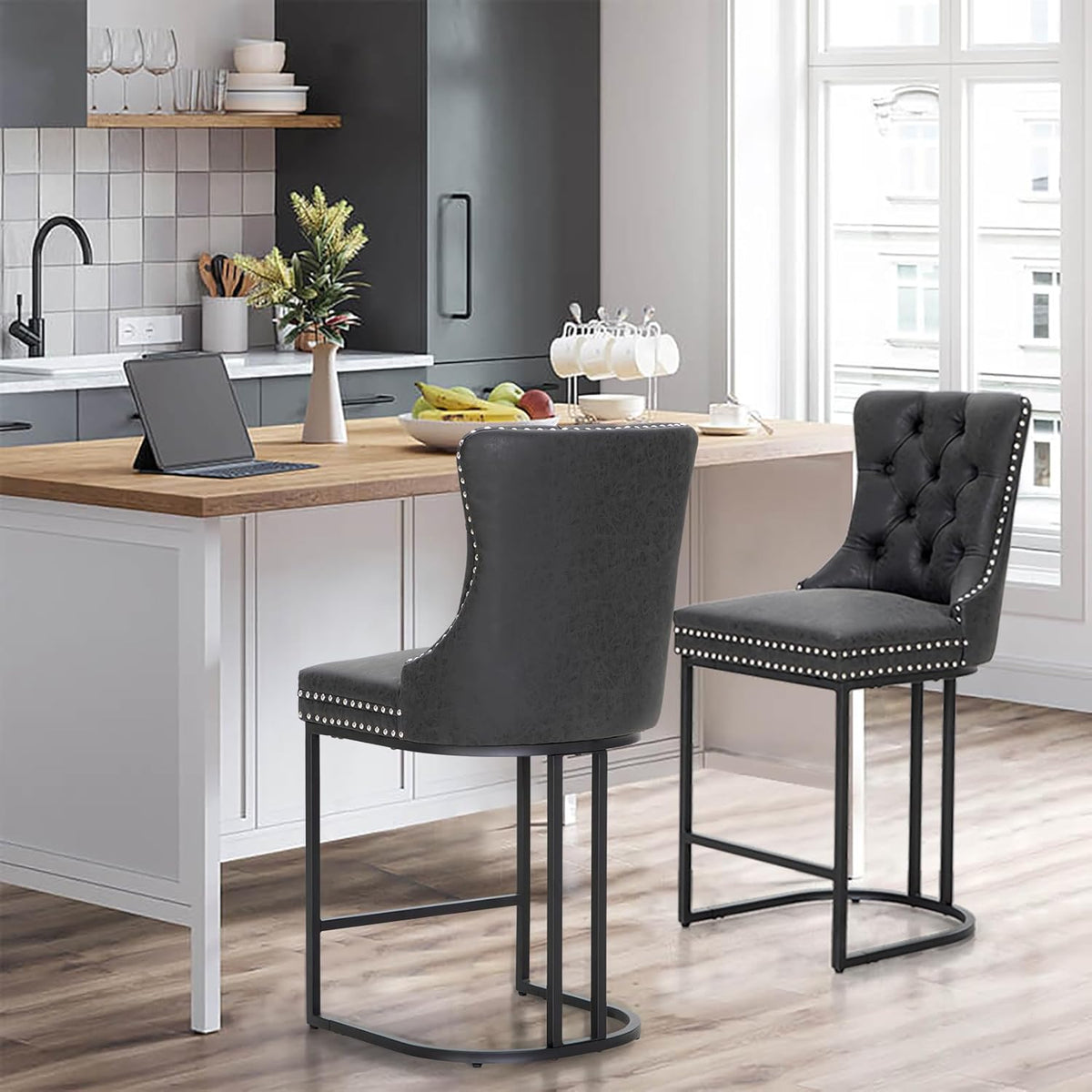 ALPHA HOME 26 inch black pitch bar stools set of 2, modern faux leather bar chairs with button back and rivet trim upholstered kitchen island chairs with sturdy metal legs breakfast