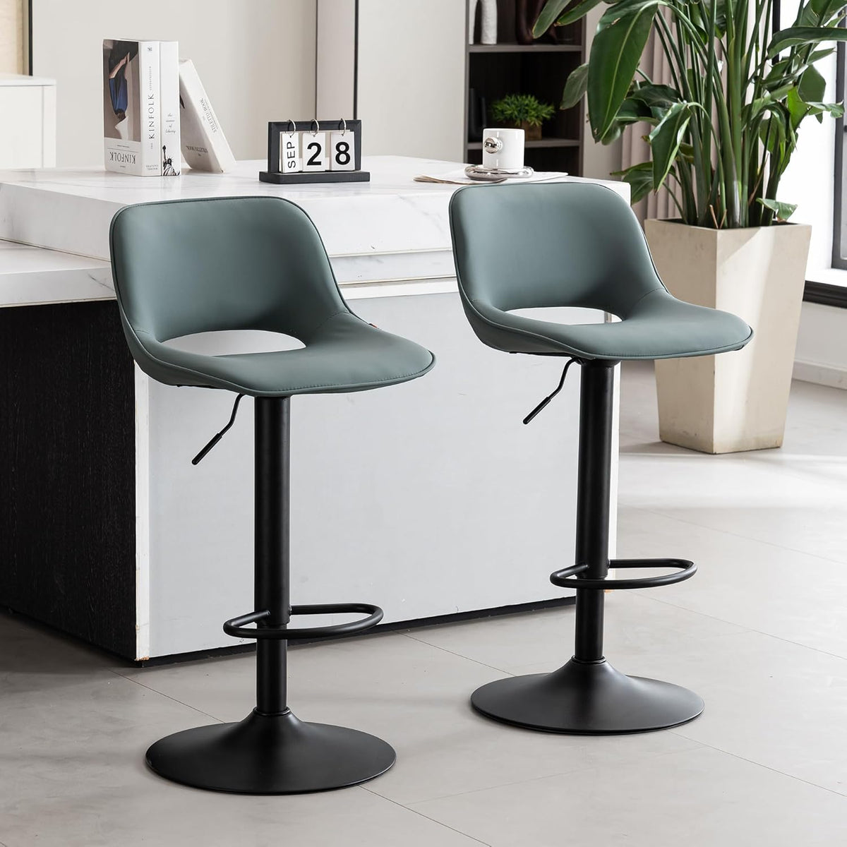 YOUNIKE Barkruk set van 2, barstoelen, barkruk, in hoogte verstelbaar, draaistoel, keukenstoelen, toonstoel met holle rugleuning, hoge barkruk voor bar keuken, grijsgroen