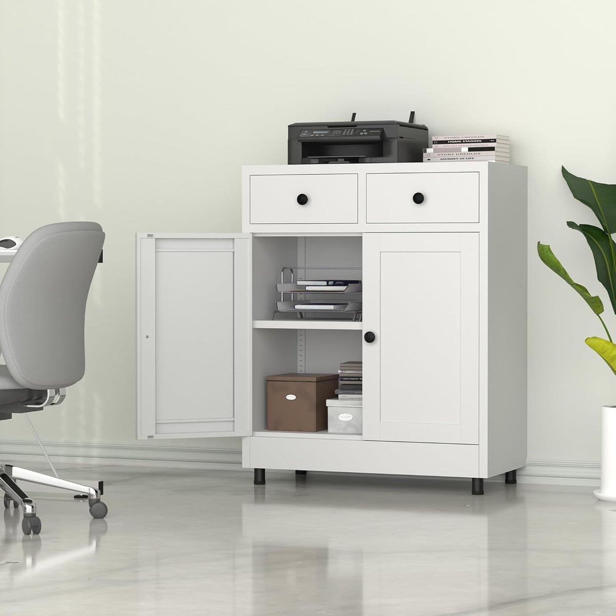 Metalen opbergkast met 2 laden en verstelbare plank, dressoir buffetkast voor thuis, kantoor, hal, entree, woonkamer, keuken bijkeuken en eetkamer (wit) - QUORE