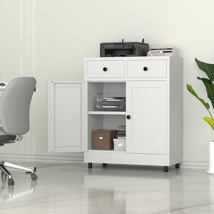 Metalen opbergkast met 2 laden en verstelbare plank, dressoir buffetkast voor thuis, kantoor, hal, entree, woonkamer, keuken bijkeuken en eetkamer (wit) - QUORE