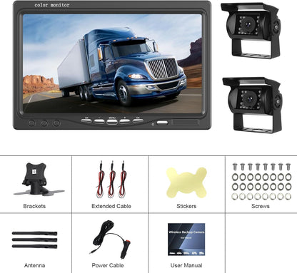 Dual draadloze achteruitrijcamera, IPS-monitor 7 inch, 1080p digitale groothoek voor nachtzicht, waterdicht IP68, achteruitrijcamera set met gesplitst display, dode hoek waarschuwing 12-36 V