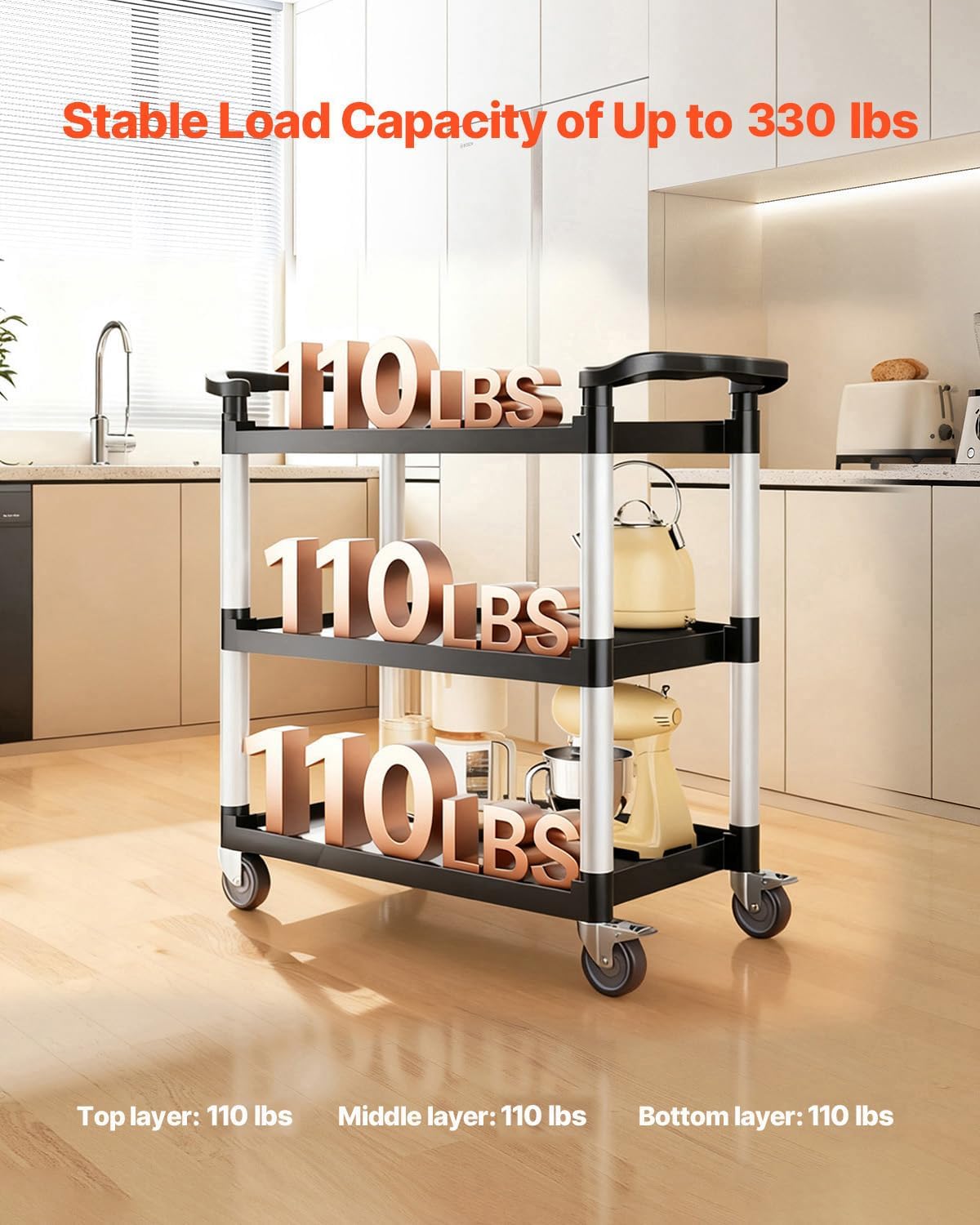 Rolkar 3-Laags – Servicewagen – Serveerwagen – Keukenkar – Transportkar – Kunststof Met Aluminium Frame – 360° Draaibare Wielen Met 2 Remmen