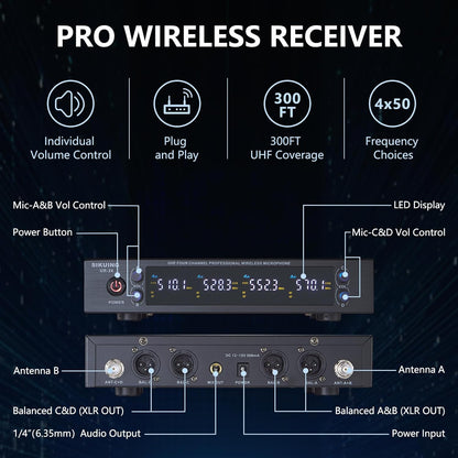 Set van 4 draadloze handmicrofoons – Microfoonset – Karaoke microfoons – UHF microfoons – Draadloze microfoonset – 4 x 50 instelbare frequenties – Bereik tot 100 m