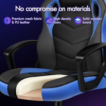 ALFORDSON Gamingstoel, PC-computer racestoel, ergonomische draaibare bureaustoel met wielen, gemaakt van PU-leer en stof, blauw