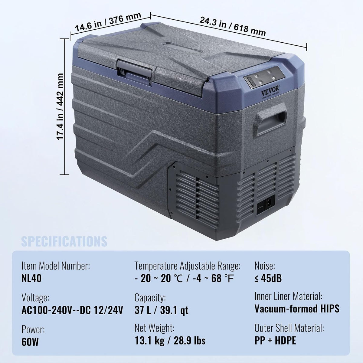 VEVOR Car Refrigerator, 12 Volt Car Fridge Refrigerator Refrigerator, 37L Single Zone Portable Freezer with Built-in Light, -4°F -46°F, 12/24V DC and 100-240V AC Compressor Cooler for Outdoor, Camping, RV