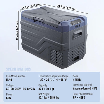 VEVOR Car Refrigerator, 12 Volt Car Fridge Refrigerator Refrigerator, 37L Single Zone Portable Freezer with Built-in Light, -4°F -46°F, 12/24V DC and 100-240V AC Compressor Cooler for Outdoor, Camping, RV