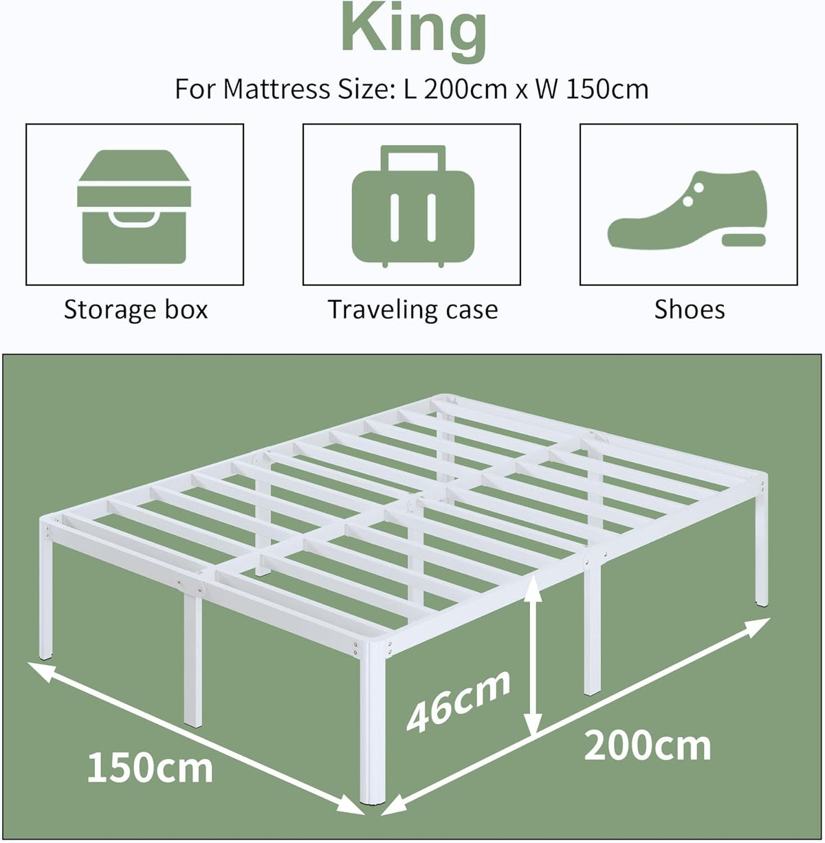 Metalen Bed 150x200 cm met Ronde Hoekpoten, Hoogte 46cm, Bedframe 150x200 met Lattenbodem Van Metaal, Veel Opbergruimte, Geluidsvrij, Eenvoudige Montage, Wit