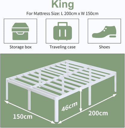 Metalen Bed 150x200 cm met Ronde Hoekpoten, Hoogte 46cm, Bedframe 150x200 met Lattenbodem Van Metaal, Veel Opbergruimte, Geluidsvrij, Eenvoudige Montage, Wit
