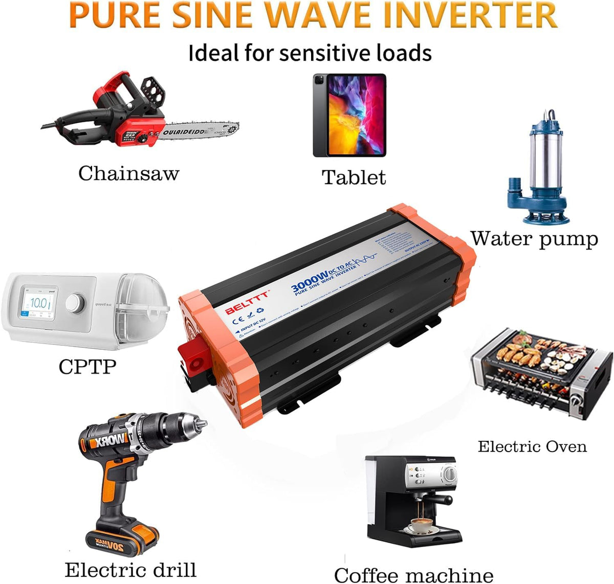 Omvormer – Spanningsomvormer – Inverter – Sinusomvormer – Zuivere Sinusomvormer 12 V Naar 230 V – 3000 W Continu Vermogen – 6000 W Piekvermogen