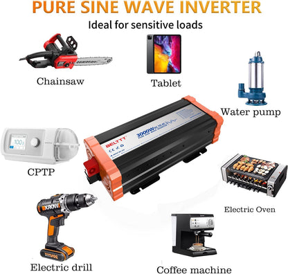 Omvormer – Spanningsomvormer – Inverter – Sinusomvormer – Zuivere Sinusomvormer 12 V Naar 230 V – 3000 W Continu Vermogen – 6000 W Piekvermogen