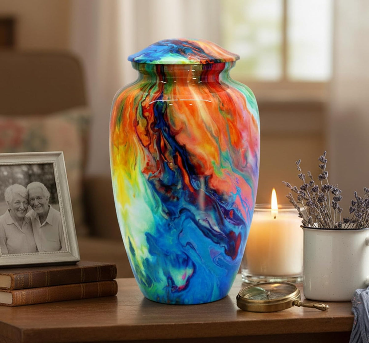 ESPLANADE Metalen crematie Urn Memorial Jar Pot Container | Volledige grootte bedrukte urn voor begrafenis as begrafenis | Metalen urnen | Wave Multicolor - 25,4 cm