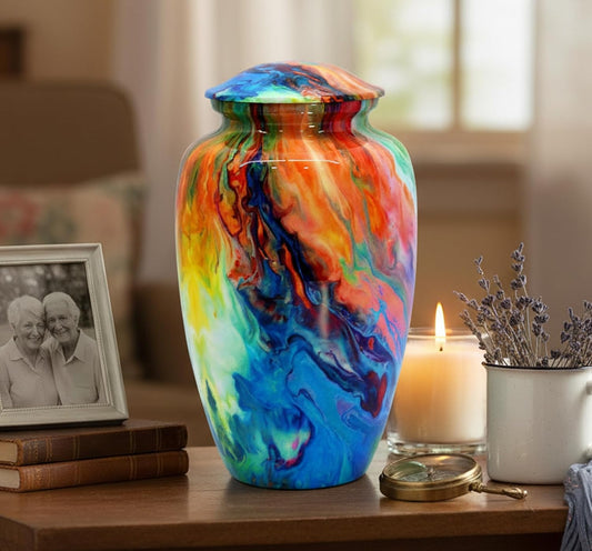 ESPLANADE Metalen crematie Urn Memorial Jar Pot Container | Volledige grootte bedrukte urn voor begrafenis as begrafenis | Metalen urnen | Wave Multicolor - 25,4 cm