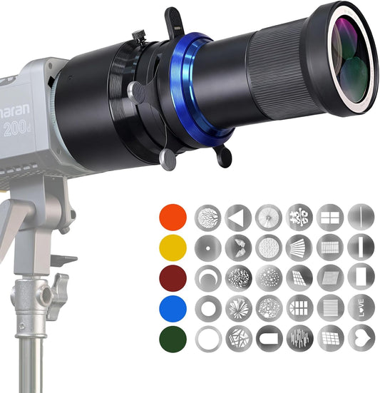 Bowens Mount Snoot Spotlight Gobo Projector met 4-bladige Barndoor, voor Aputure Amaran 60D/100D/200D, Godox SL60/100/150/200/300, 30 Gobos & 5 Kleurfilters (MAX)