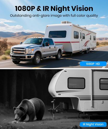 AUTO-VOX Zonne Draadloos Omkeren Camerasysteem met Twee Camera's (Licentieplaat & Draagbaar): 7.25 duim 1080P HD Dual Channel Monitor, IP69K Waterdichte Omgekeerde Camera voor Camper, Camper