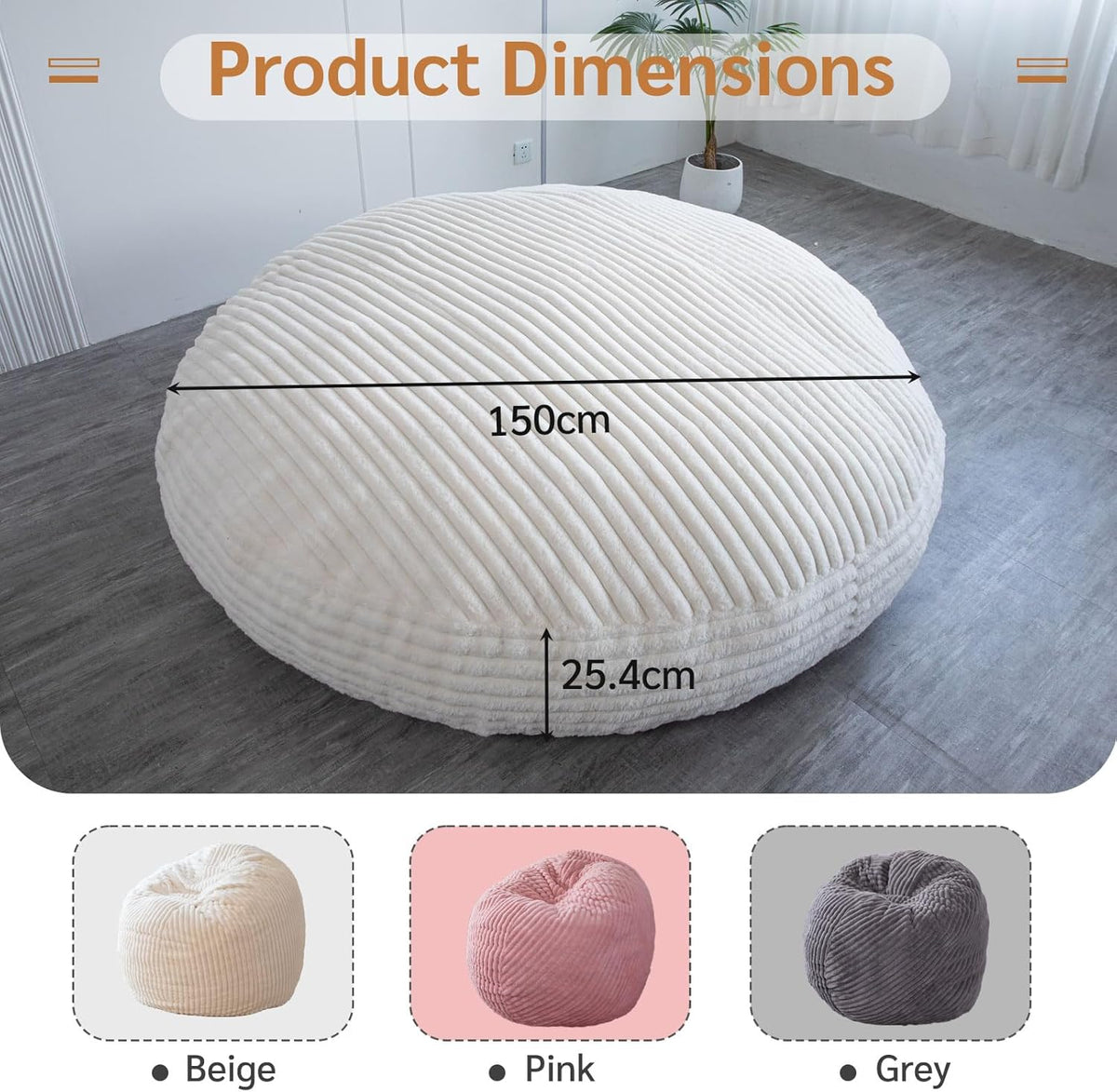 MAXYOYO Enorme zitzakbed, vierkante zitzakstoel, grote bank met imitatiebont en pluizige vulling voor volwassenen, koppels, gasten (corduroy beige, 150 x 150 cm)