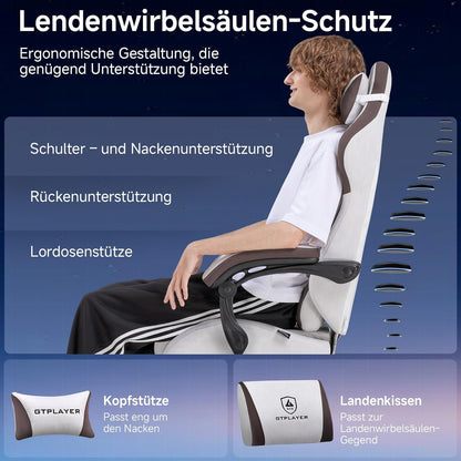 GTPLAYER Ergonomic Gaming Chair, Technical Fabric, with Lumbar Support, Computer Chair with Extended Backrest, Supports up to 150 kg, Brown - QUORE