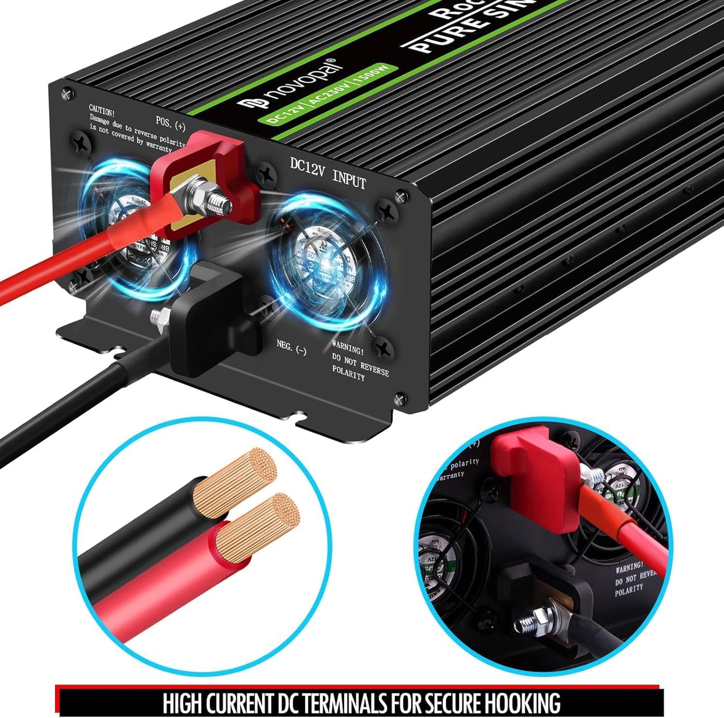 NOVOPAL 1500 W KFZ zuivere sinus spanningsomvormer auto omvormer 12 V naar 230 V omvormer converter met 2 EU stopcontact en USB-poort incl. 5 meter afstandsbediening piekvermogen 3000 Watt