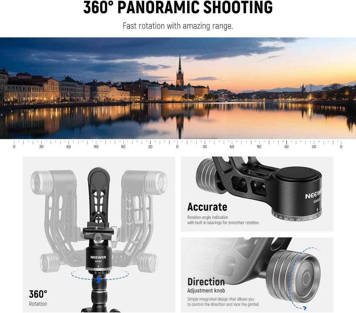 NEEWER GM102 Gimbalkop voor statief, monopod, telelens, 360° panorama-camera-statiefkop, 3-assige instelling, hoogwaardige CNC-aluminiumlegering, Arca-type snelspansysteem, maximaal 15 kg