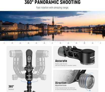 NEEWER GM102 Gimbalkop voor statief, monopod, telelens, 360° panorama-camera-statiefkop, 3-assige instelling, hoogwaardige CNC-aluminiumlegering, Arca-type snelspansysteem, maximaal 15 kg