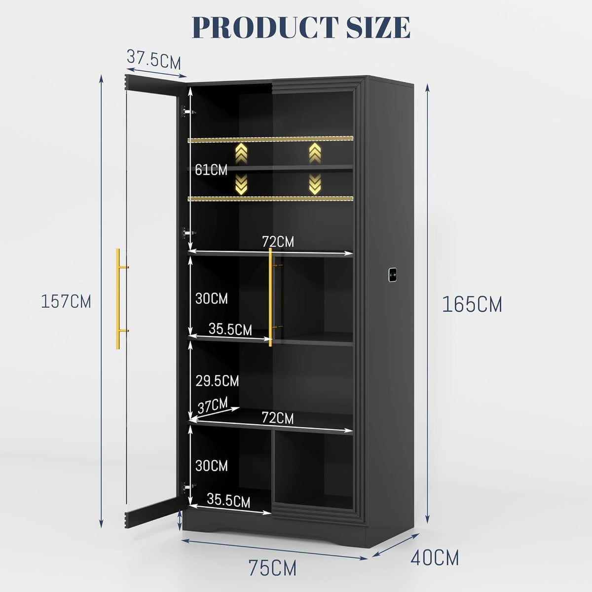 Vitrinekast Zwart – Glazen Vitrine – Vitrinekast – Displaykast – Presentatiekast – 165 x 75 x 40 cm – 4 Verstelbare Planken – 3 Kleuren Ledverlichting