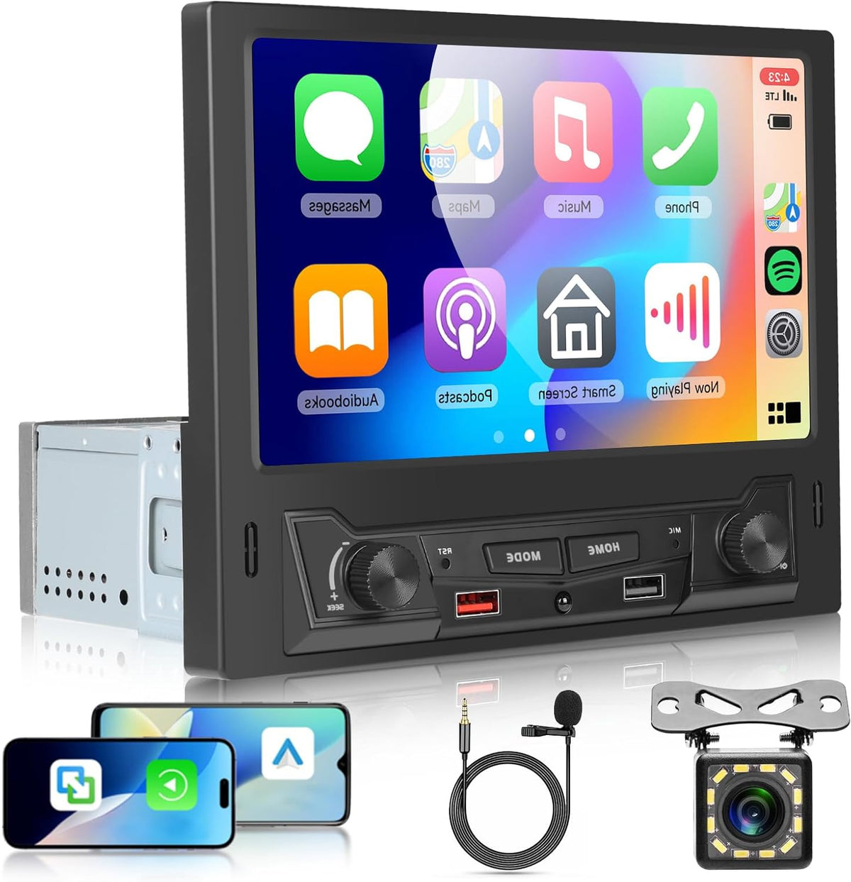 Hodozzy 1 Din Car Radio with Wireless Carplay Android Car, 1 DIN 8 Inch Touch Screen Car Radio with Bluetooth, FM/AM Radio, DSP, AUX, Steering Wheel Remote Control, Dual USB, Video Sync - QUORE