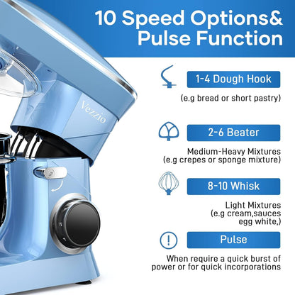 Vezzio Food Processor Kneading Machine, 1500 W, Reduced Sound, Kneading Machine with Mixing Brush, 10 Speeds, 8.5 L, Stainless Steel Bowl, Baking with Kneading Hooks, Whisk, Flat Mixer (Blauw)