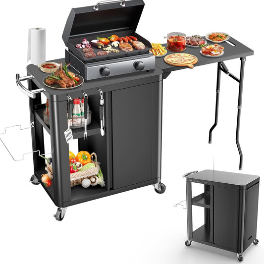 GFTIME Grillwagen, grilltafel met inklapbare bijzettafel, outdoorkeuken met haken, opbergrek en kast, serveerwagen met wielen, buitenkeuken, 143 x 37 x 89 cm