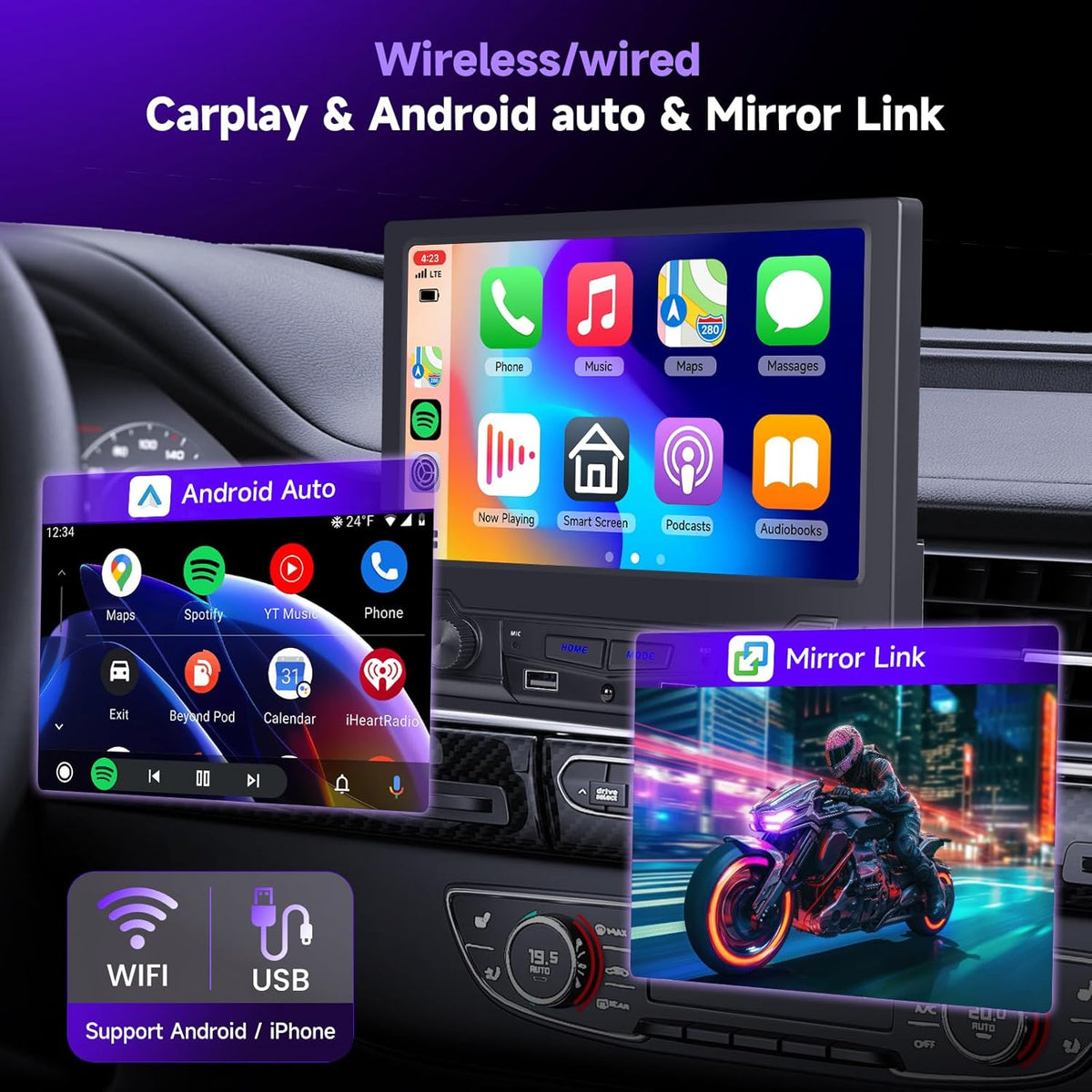 Hodozzy 1 Din Car Radio with Wireless Carplay Android Car, 1 DIN 8 Inch Touch Screen Car Radio with Bluetooth, FM/AM Radio, DSP, AUX, Steering Wheel Remote Control, Dual USB, Video Sync - QUORE