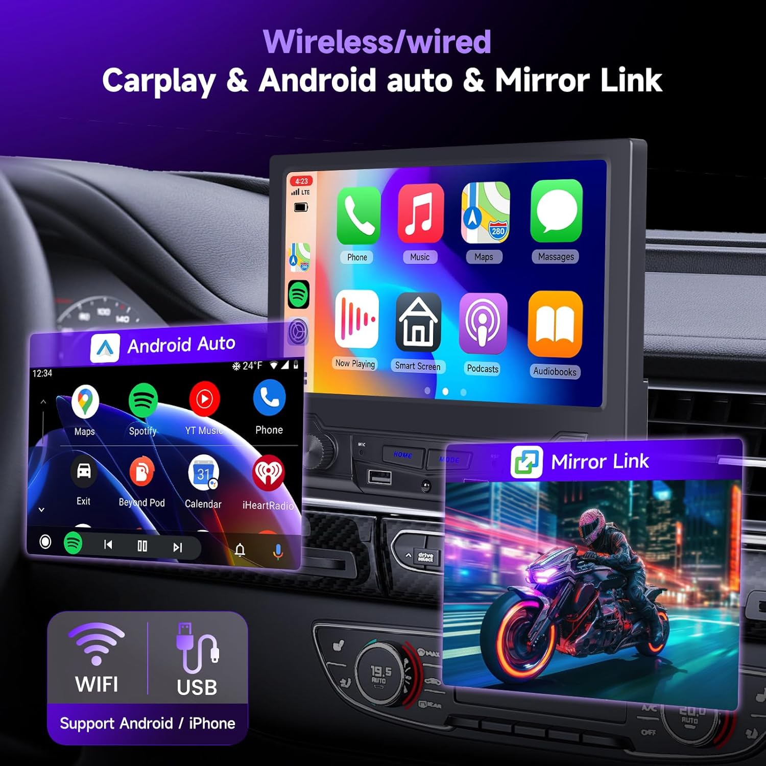Hodozzy 1 Din Car Radio with Wireless Carplay Android Car, 1 DIN 8 Inch Touch Screen Car Radio with Bluetooth, FM/AM Radio, DSP, AUX, Steering Wheel Remote Control, Dual USB, Video Sync - QUORE