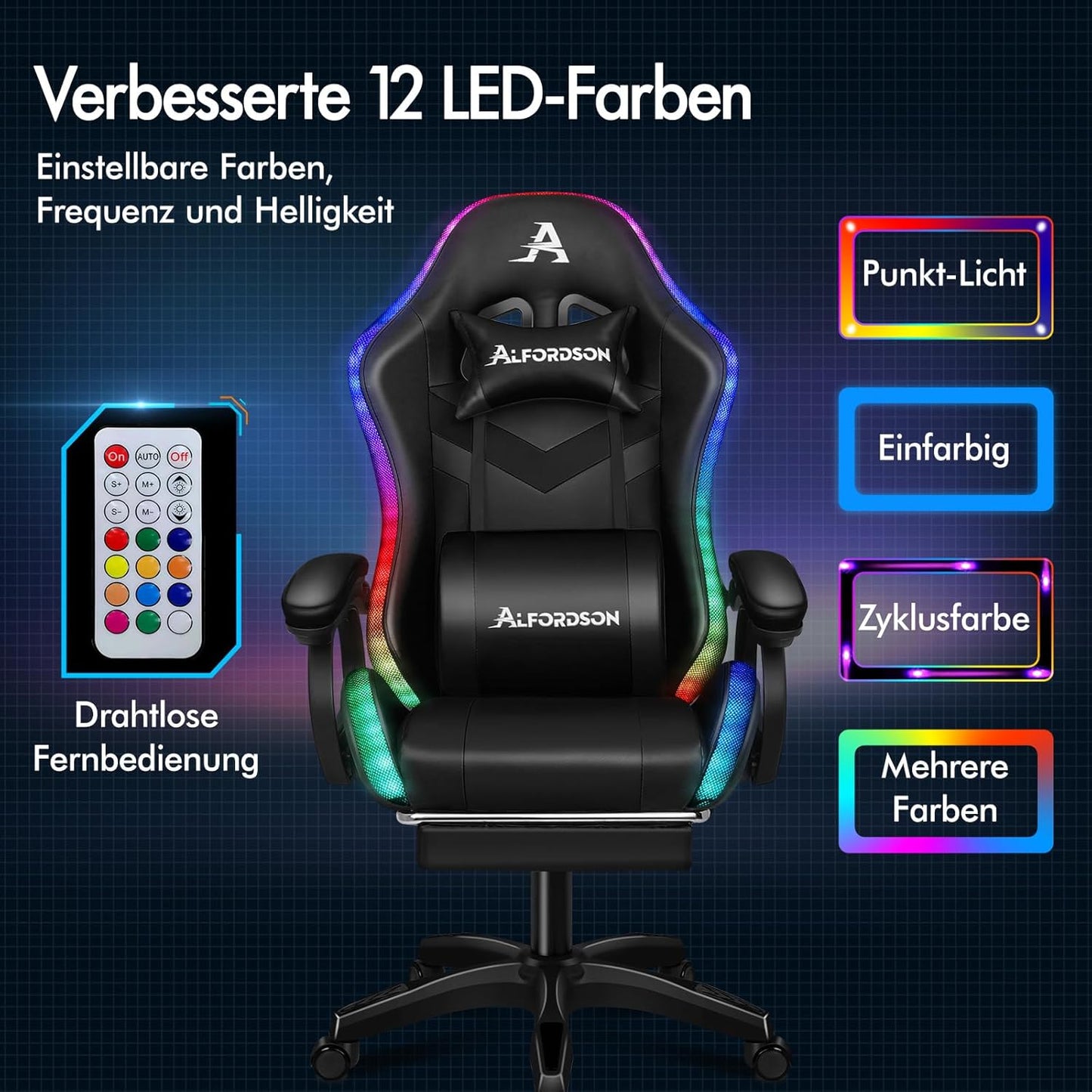 ALFORDSON Gaming Chair with 8-Point Massage, 12 Colours, RGB LED Light, Ergonomic Gaming Chair with Footrests, Headrest, Lumbar Cushion for Children and Adults, Black - QUORE