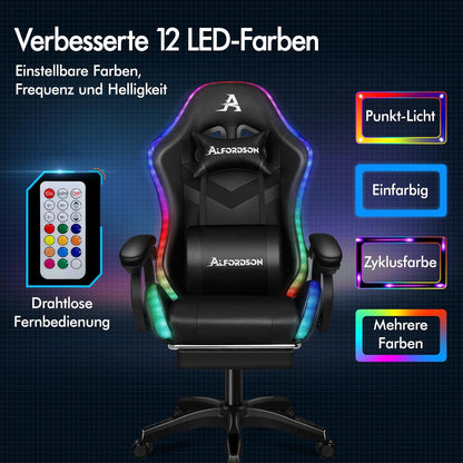 ALFORDSON Gaming Chair with 8-Point Massage, 12 Colours, RGB LED Light, Ergonomic Gaming Chair with Footrests, Headrest, Lumbar Cushion for Children and Adults, Black - QUORE