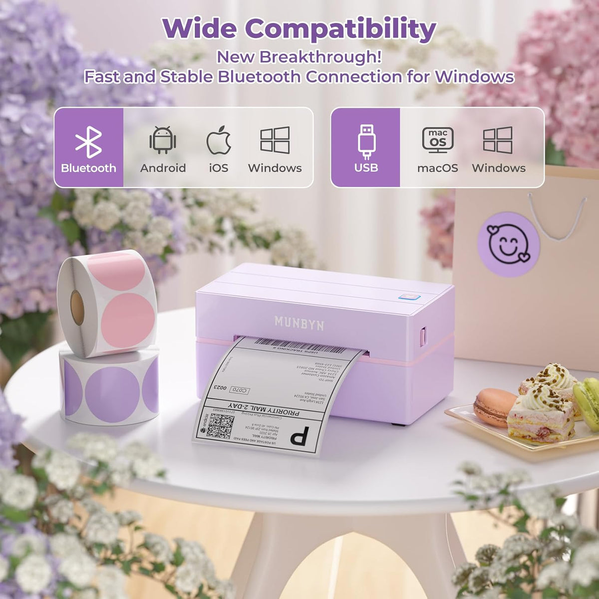 MUNBYN Labelprinter Bluetooth 4x6, Thermische Labelprinter, Ideaal voor kleine bedrijven en thuisgebruik, Compatibel met iOS, Android, Windows, Chromebook, DHL en UPS, Paars