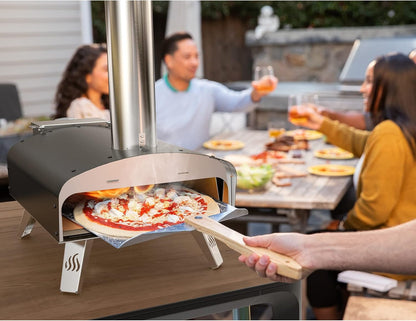 Mimiuo buitenoven op hout en pellets voor in de tuin, klassieke W-oven met zwarte coating, met pizzasteen en opvouwbare pizzaschil.
